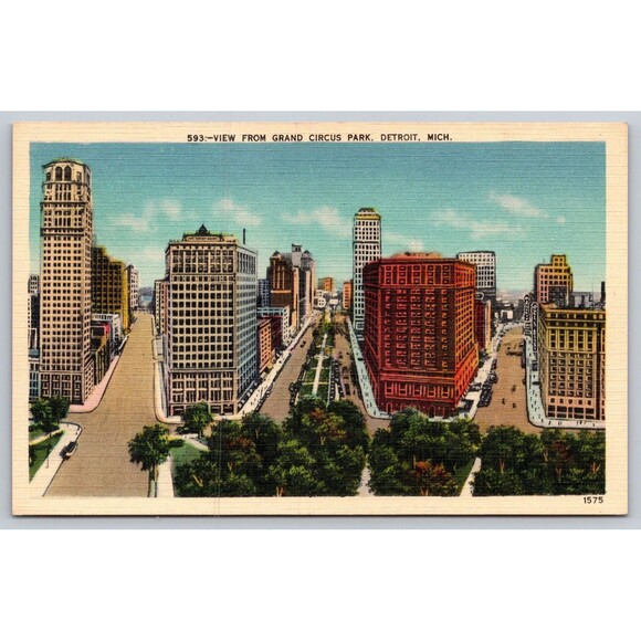 Postcard Michigan Detroit View from Grand Circus Park Linen Cars People MI VTG - Picture 1 of 2